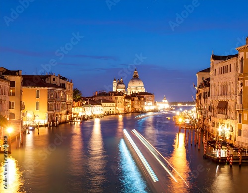 A tranquil Venetian canal scene at twilight, illuminated by warm city lights and the gentle glow of moving boats.