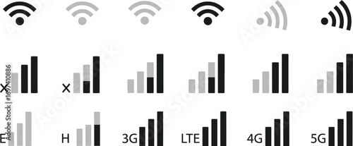 Visual representation of wireless signal strength indicators and network generations