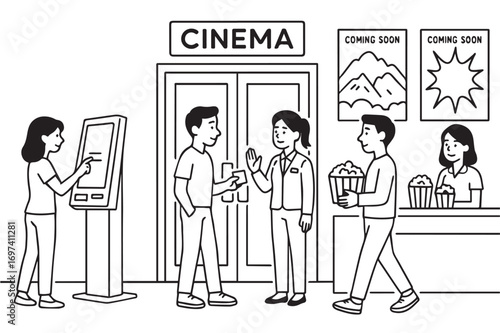 Vector artwork featuring a movie theater lobby scene, simple black and white composition, people queuing at ticket counter, defined with dark black outlines.