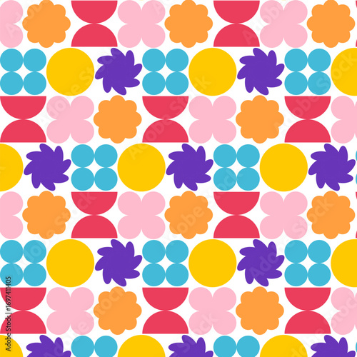 Retro geometric floral seamless patterns. Bright colorful abstract backgrounds. Vector set.
