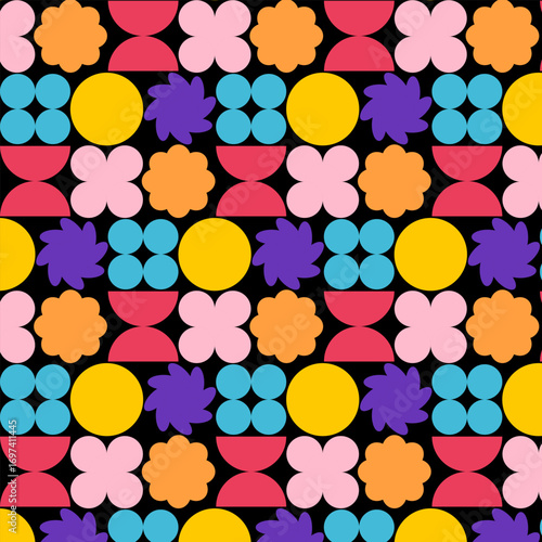 Retro geometric floral seamless patterns. Bright colorful abstract backgrounds. Vector set.
