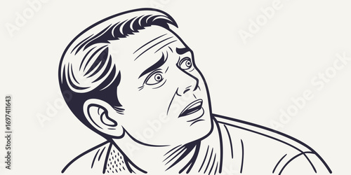  Bewildered man illustration in sketch style, doubtful surprised face