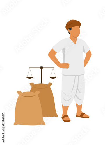 Vector of an Indian farmer standing next to a weighing scale and grain sacks, representing trade, pricing, and rural agricultural economy.