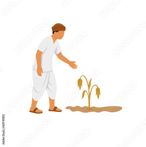 Indian farmer observing a dry and wilted plant, depicting the impact of drought, water scarcity, and climate change on rural agriculture.