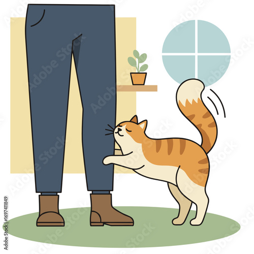 Cat rubbing against person's leg in a cozy indoor setting  