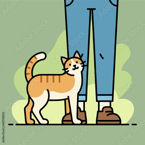 Cat standing by person’s legs in green background with minimal design  