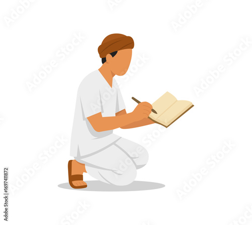 Flat vector of an Indian farmer kneeling and writing in a notebook. Reflects rural literacy, farm records, education, and tech awareness in agriculture.