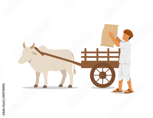 Indian farmer loading sack onto a bullock cart. Flat vector depicting traditional rural transport and farming life in agricultural India.