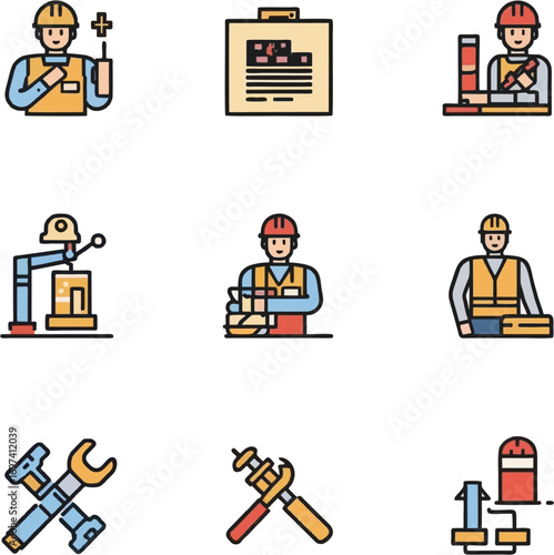 Engineering construction and manufacturing icons on white background. Perfect for presentations, websites, brochures, and educational materials related to engineering.