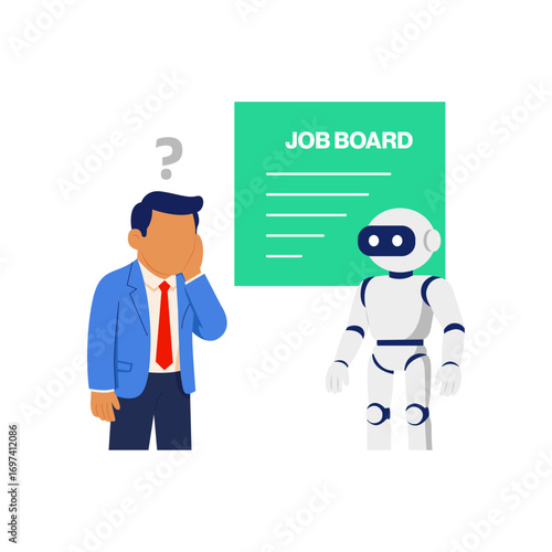 Flat design of humanoid robot guiding a confused human to a job board, symbolizing changing employment patterns due to AI and digital transformation.