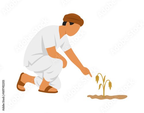 Vector of Indian farmer squatting to inspect a wilted plant. Reflects drought, crop failure, environmental challenges, and rural distress in farming.