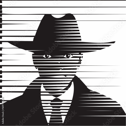 Black and white silhouette close-up of a mysterious detective peering from behind blinds, only eyes and part of the hat visible
