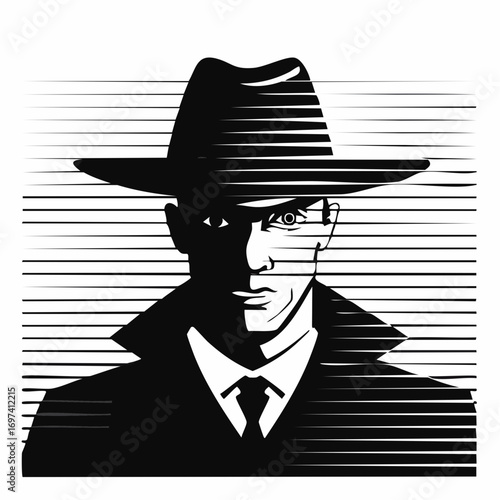 Black and white silhouette close-up of a mysterious detective peering from behind blinds, only eyes and part of the hat visible
