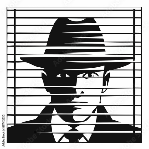 Black and white silhouette close-up of a mysterious detective peering from behind blinds, only eyes and part of the hat visible