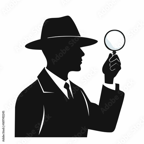 Vector silhouette in black and white showing a detective’s hand holding a clue, with only part of the face shown in close-up