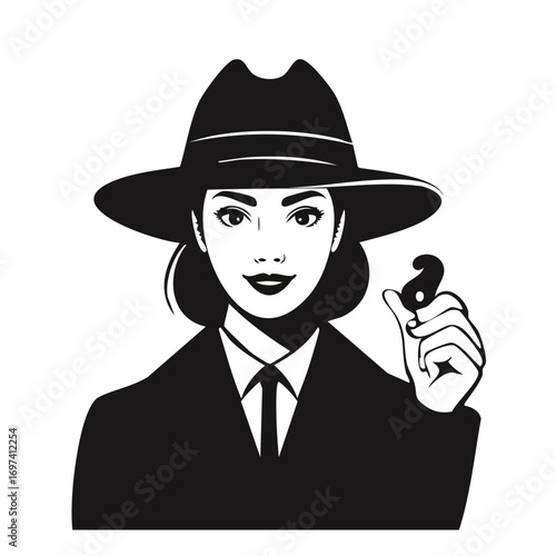 Vector silhouette in black and white showing a detective’s hand holding a clue, with only part of the face shown in close-up
