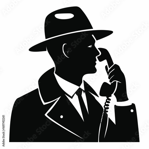 Vector silhouette in black and white showing a detective’s hand holding a clue, with only part of the face shown in close-up