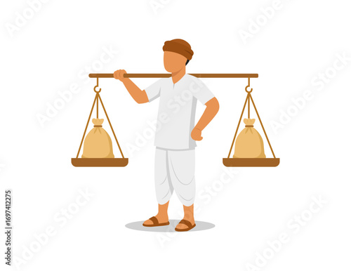 Traditional Indian farmer carrying goods balanced on a pole. Represents rural economy, agriculture, hard work, and livelihood in Indian villages.