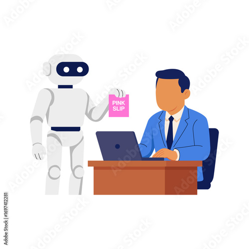 Vector illustration of a robot handing a pink slip to an office employee, symbolizing job loss due to automation or artificial intelligence in workplace.