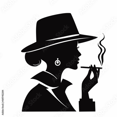 Black and white vector silhouette of a close-up profile of a detective with collar turned up and smoke curling from a cigarette