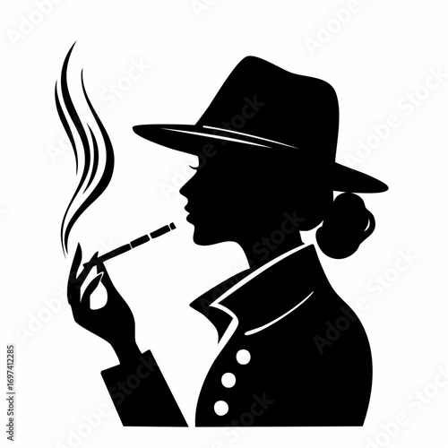 Black and white vector silhouette of a close-up profile of a detective with collar turned up and smoke curling from a cigarette