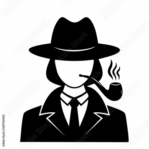 Black and white silhouette vector of a detective smoking a pipe, only the face and upper body visible in close-up