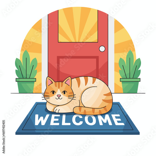 Cat lying on welcome mat in front of red door with plants  