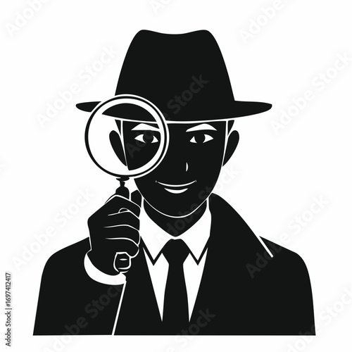 Close-up silhouette vector of a detective holding a magnifying glass near one eye, in black and white style