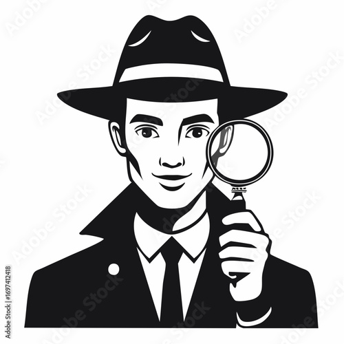 Close-up silhouette vector of a detective holding a magnifying glass near one eye, in black and white style