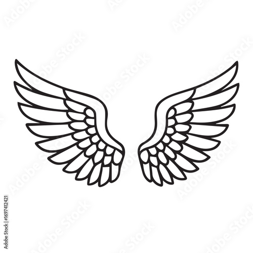 Black and white vector drawing of a simple wing pair, highlighted with bold black outlines, suitable for tattoo design, artistic projects, or fashion graphics.