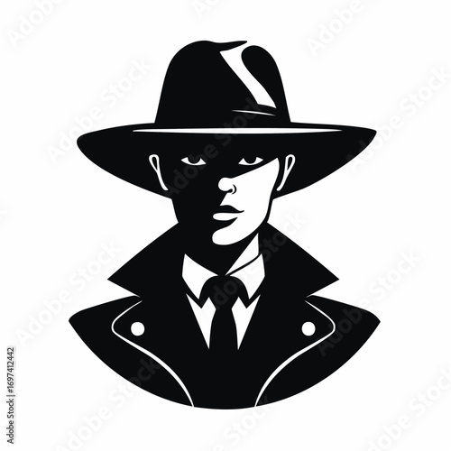 Black and white vector silhouette of a close-up detective face wearing a fedora and trench coat, shadows covering part of the face