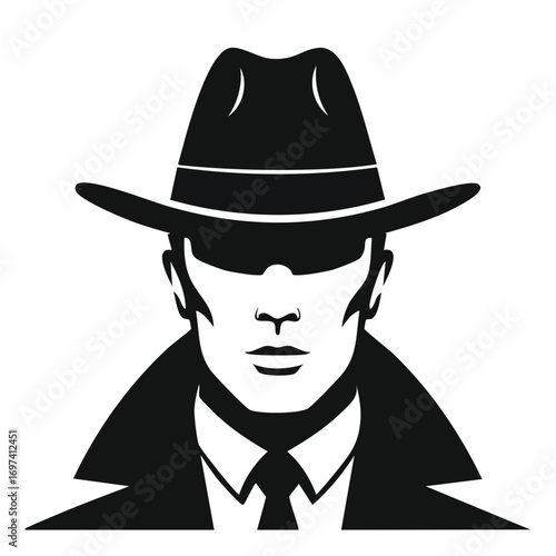 Black and white vector silhouette of a close-up detective face wearing a fedora and trench coat, shadows covering part of the face