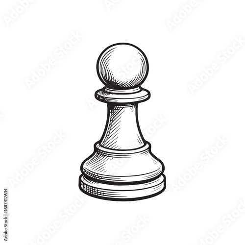 Black and white vector drawing of a chess pawn, highlighted with bold black outlines, ideal for classic game representations, strategy diagrams, or creative projects.