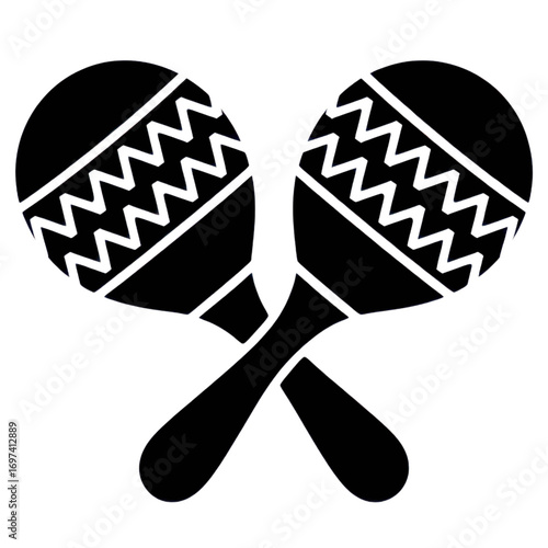 Two black maracas crossed with white zigzag pattern on the instrument on transparent background