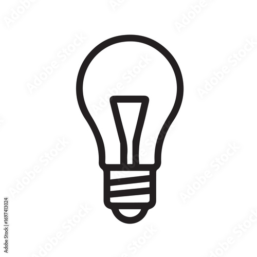 Vector illustration of a simple minimalist light bulb icon, created in black and white style, outlined with bold black lines, symbolizing ideas.