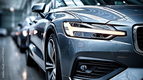  A shiny gray car shows headlights and wheel close