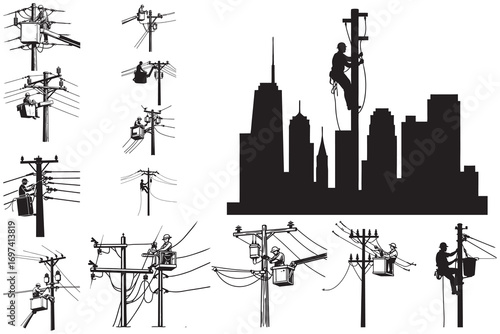 Electricians working on utility poles with city skyline silhouette
