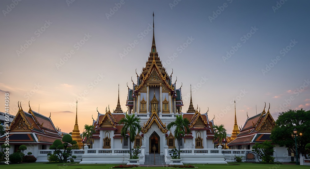 Naklejka premium Ornate buddhist temple at golden hour