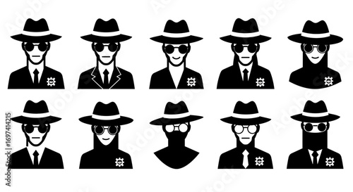 Collection of black and white spy icons wearing hats and sunglasses.