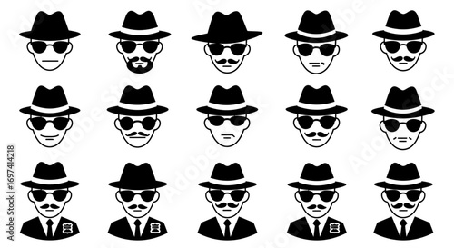 Collection of cartoon faces wearing fedoras and sunglasses.