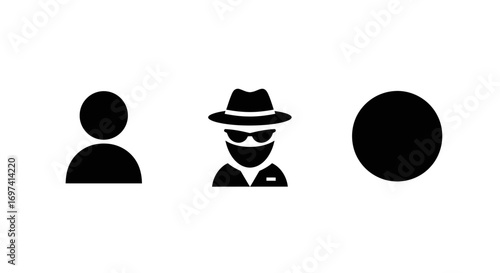 Icons of a person, a spy, and a circle on a white background.