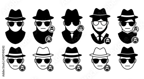 Collection of spy icons wearing fedoras and sunglasses.