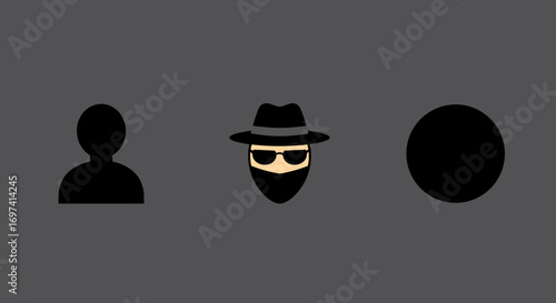 Icons depicting a person, a hacker, and a black circle on a gray background.