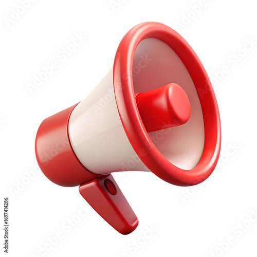 Realistic 3d icon of a bold red and white mega phone announcing loudly