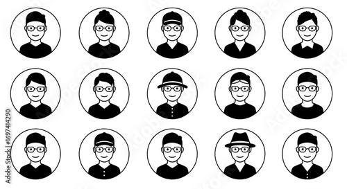 Collection of black and white avatar icons of people with various hairstyles and accessories.