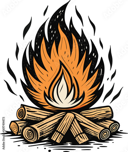 Cozy campfire flames blaze brightly over stacked wooden logs for outdoor adventure