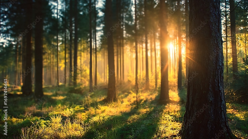 Fototapeta premium On an Autumn morning, golden rays of light shine through the tree canopies with a path in a forest