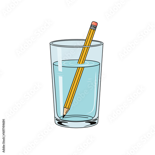 illustration of a glass of water with a pencil showing refraction effect. Science concept of light bending, physics experiment, and optical illusion