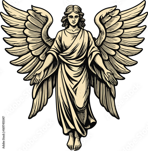 Serene angel with expansive wings detailed ancient religious figure
