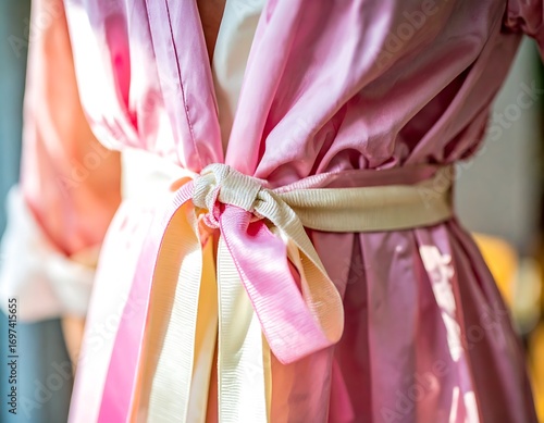 A close-up view of a pink silk robe with a tied cream ribbon at the waist, showcasing the soft folds and luxurious fabric texture.